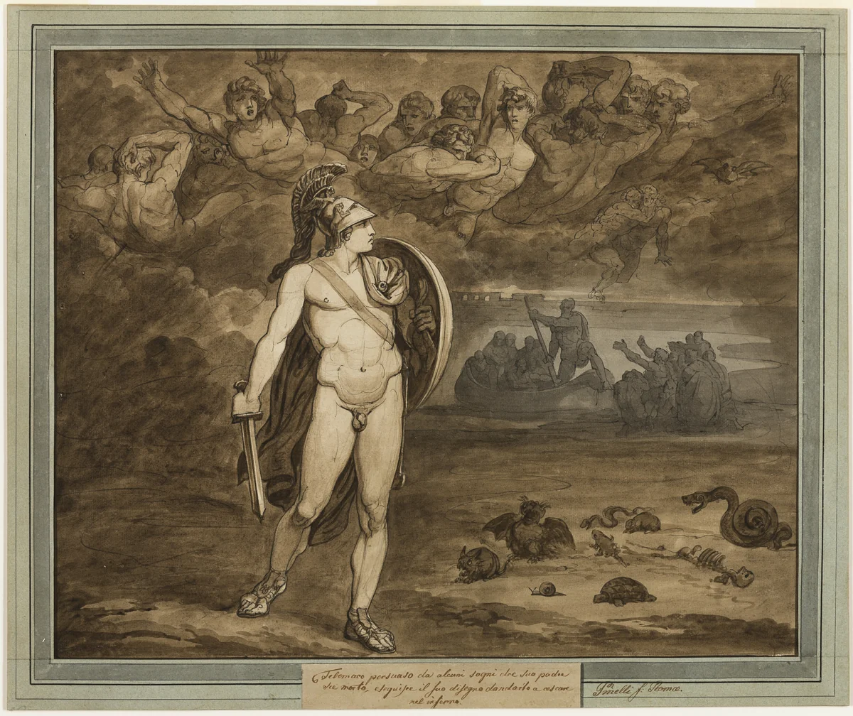 Telemachus, Believing that His Father, Ulysses, Is Dead, Searches for Him in the Underworld, from The Adventures of Telemachus, Book 18 by Bartolomeo Pinelli, drawing, 1808