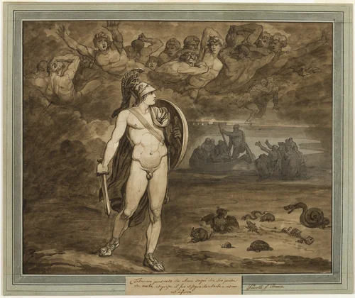 Telemachus, Believing that His Father, Ulysses, Is Dead, Searches for Him in the Underworld, from The Adventures of Telemachus, Book 18 by Bartolomeo Pinelli, drawing, 1808