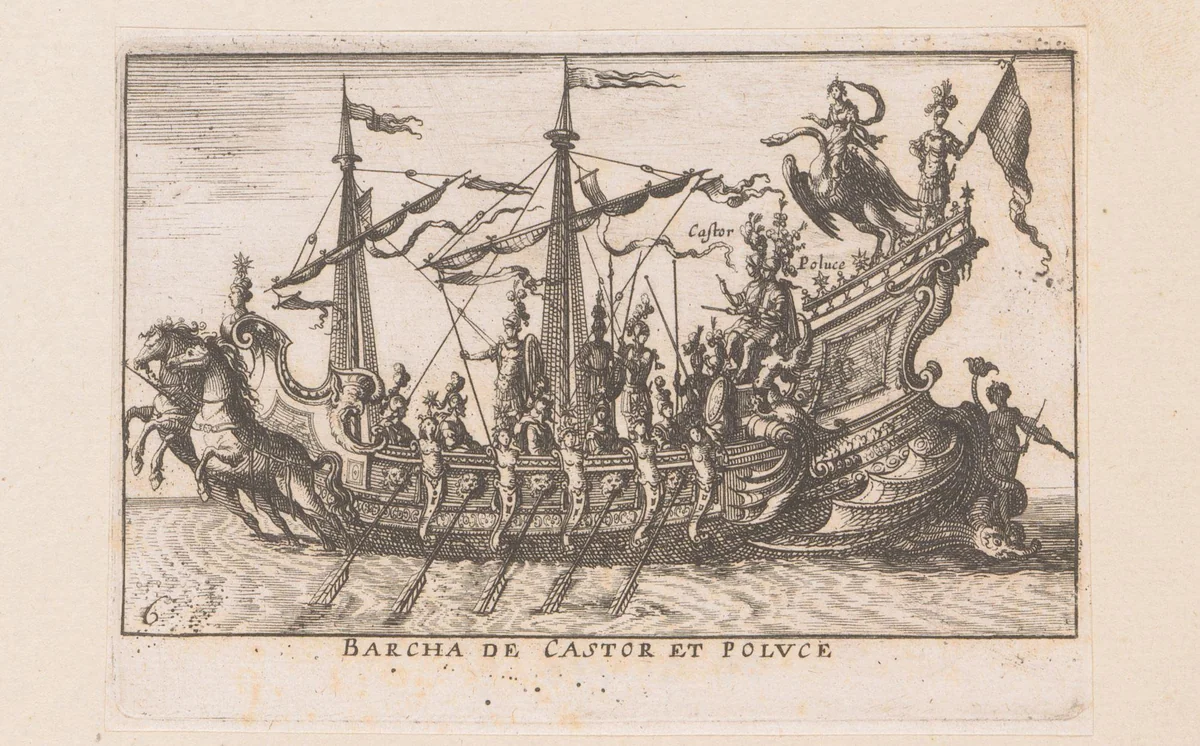Schip met Castor, Pollux en Leda en de zwaan by anonymous, print, 1635