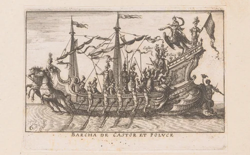 Schip met Castor, Pollux en Leda en de zwaan by anonymous, print, 1635