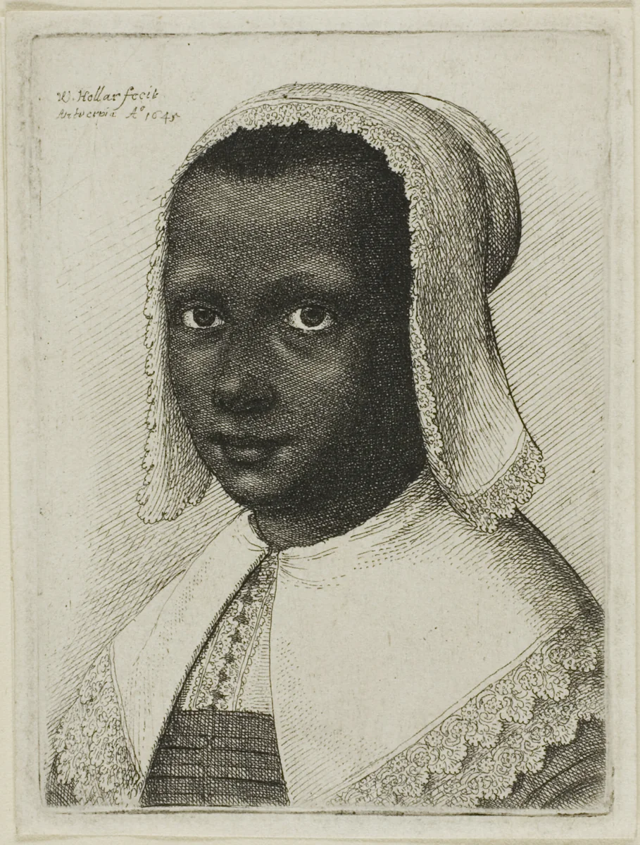 Head of a Black Woman with a Lace Kerchief Hat by Wenceslaus Hollar, print, 1645