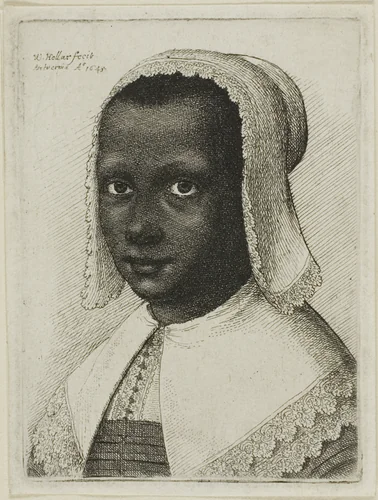Head of a Black Woman with a Lace Kerchief Hat by Wenceslaus Hollar, print, 1645