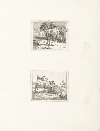 Twee voorstellingen met schapen en geiten by Jan Matthias Cok, print, 1735-1771