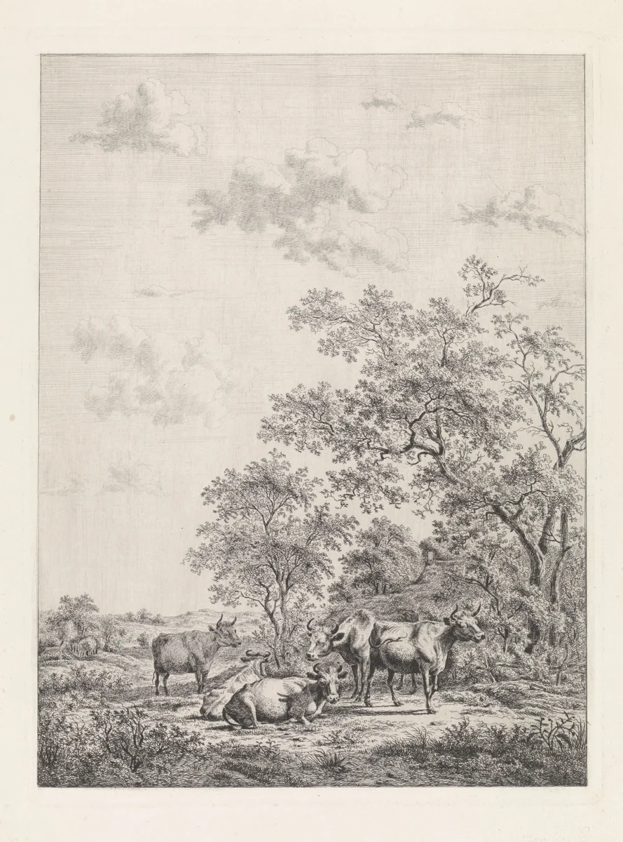 Boslandschap met zes koeien by anonymous, print, 1775-1901