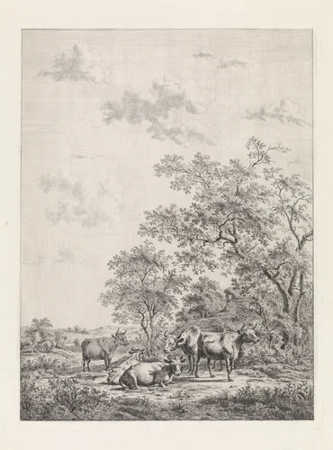 Boslandschap met zes koeien by anonymous, print, 1775-1901