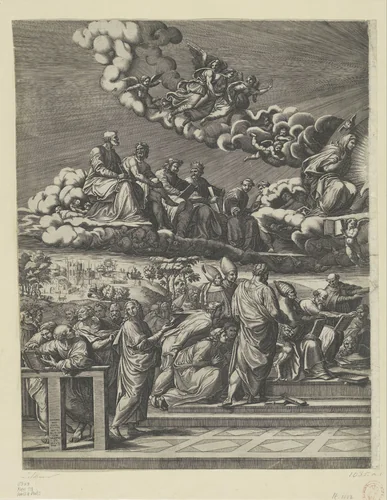 Dispuut over het Heilige Sacrament (linker deel) by Giorgio Ghisi, print, 1552