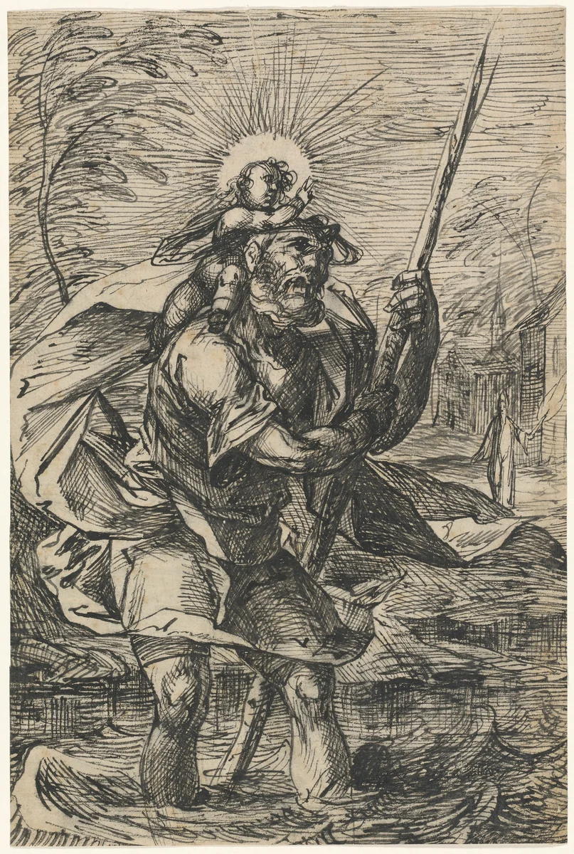 Saint Christopher (recto) by Hermann Weyer, drawing, 1615-1620
