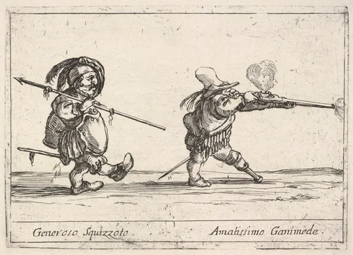 Callot figures; a dwarf man with a spear at left walking towards the right, another dwarf man with a pegleg firing a musket at right, from "Six grotesques" (Six pièces de figures grotesques) by Agostino Mitelli, print, 1684