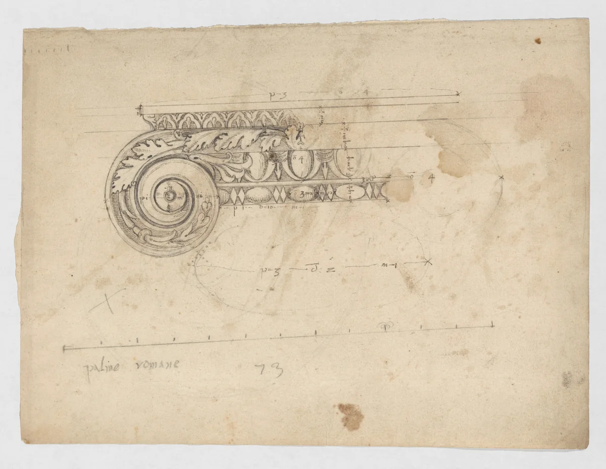 S. Maria in Trastevere, Ionic capital, volute, side elevation (recto) Unidentified, Ionic capital volute, construction diagram (verso) by anonymous, drawing, 1500-1560