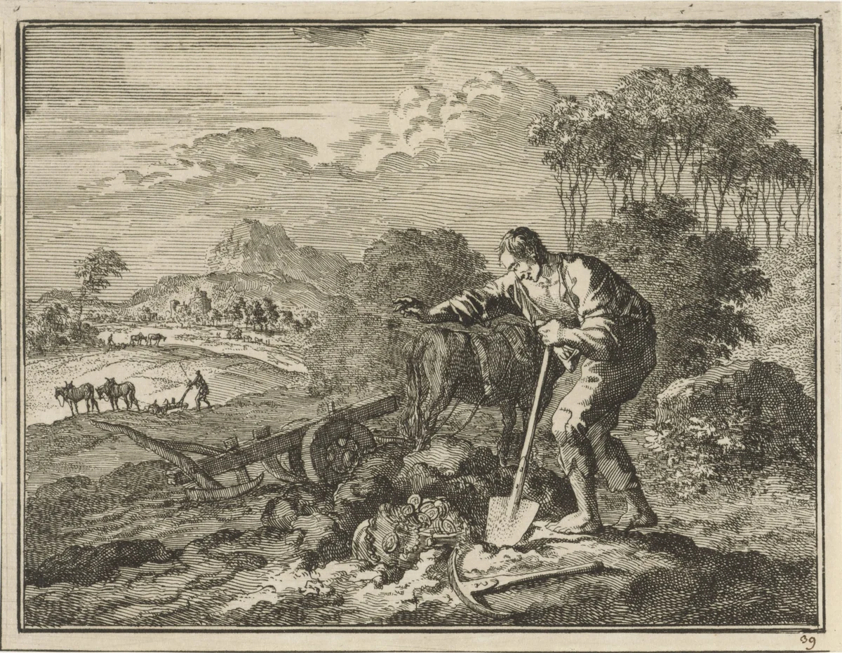 Gelijkenis van de schat in de akker by Jan Luyken, print, 1712