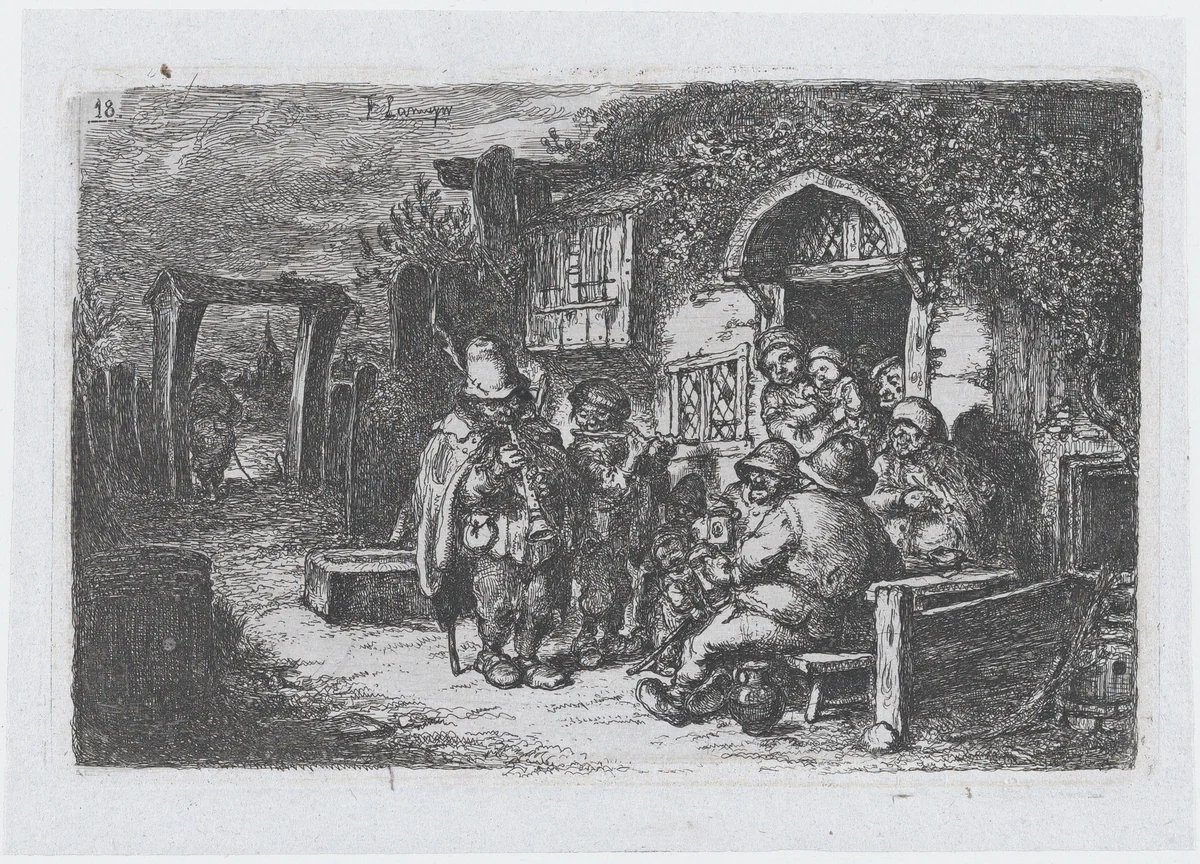 Plate 18: street musicians and other figures outisde a tavern, from the series of customs and pastimes of the Spanish people by Francisco Lameyer, print, 1850