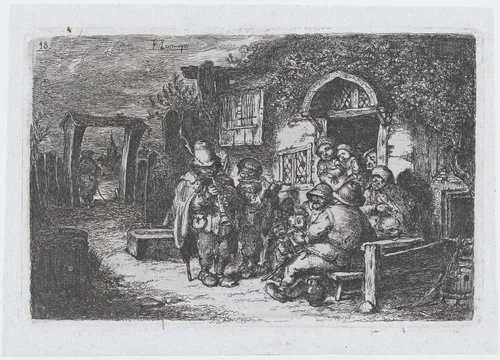 Plate 18: street musicians and other figures outisde a tavern, from the series of customs and pastimes of the Spanish people by Francisco Lameyer, print, 1850