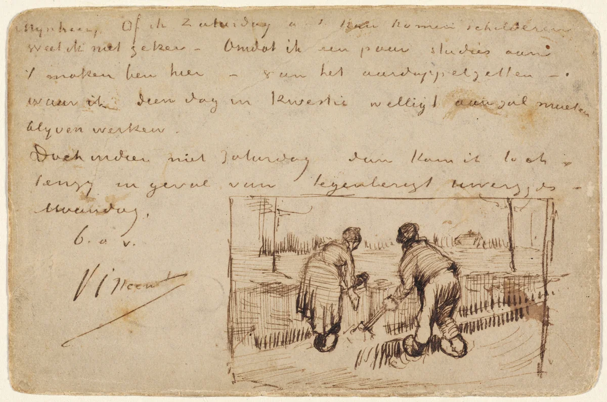 Postcard with Two Peasants Digging by Vincent van Gogh, drawing, 1885