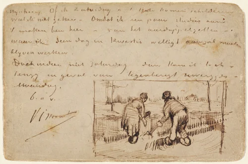 Postcard with Two Peasants Digging by Vincent van Gogh, drawing, 1885