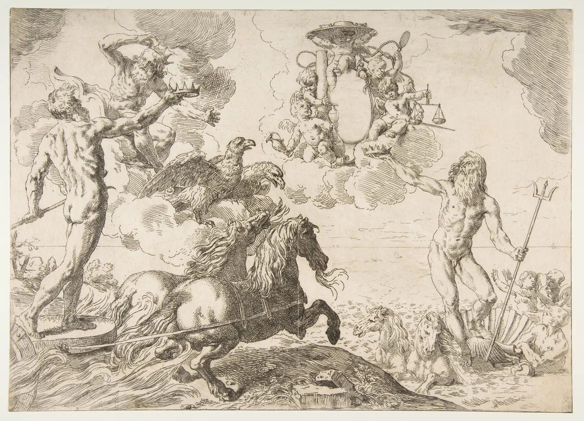 Jupiter, Neptune, and Pluto offering their crowns to the arms of Cardinal Borghese by Simone Cantarini, print, 1642-1643