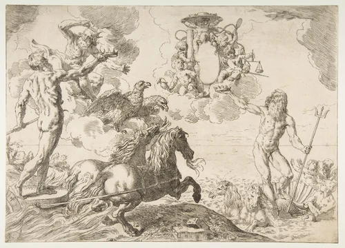 Jupiter, Neptune, and Pluto offering their crowns to the arms of Cardinal Borghese by Simone Cantarini, print, 1642-1643