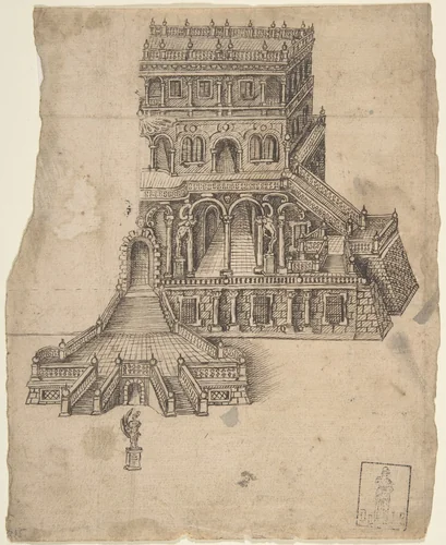 Half design for a palace - fortress with a statue in front by anonymous, drawing, 1500-1600