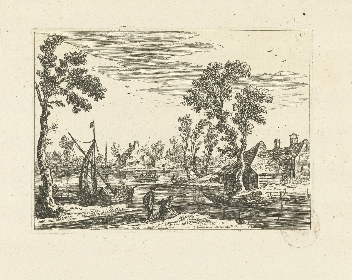 Landschap met twee vissers by Johannes Gronsveld, print, 1679-1728