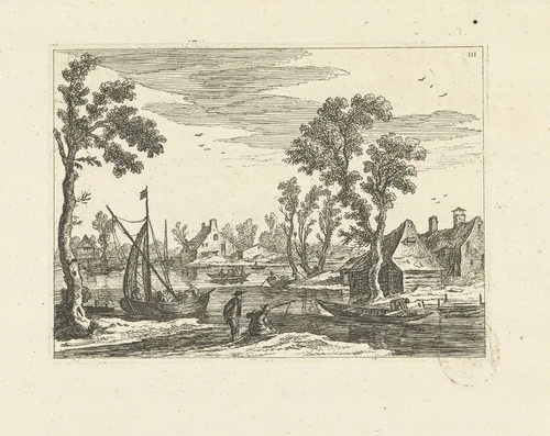 Landschap met twee vissers by Johannes Gronsveld, print, 1679-1728