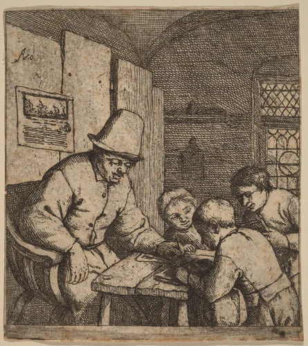 Village Schoolmaster with Three Pupils by Adriaen van Ostade, print, 1674-1684