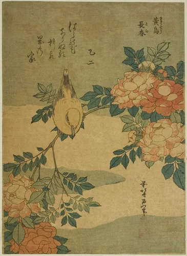 Bush Warbler and Rose (Kocho, bara), from an untitled series of flowers and birds by Katsushika Hokusai (葛飾 北斎), print, 1829-1839