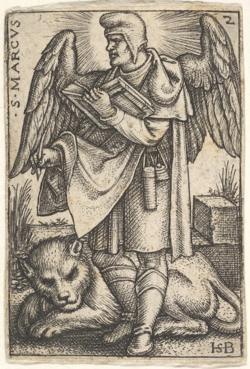 Saint Mark, his head turned in profile to the left, with an open book in his right hand and a lion at his feet, plate 2 from "The Four Evangelists" by Sebald Beham, print, 1541