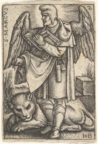 Saint Mark, his head turned in profile to the left, with an open book in his right hand and a lion at his feet, plate 2 from "The Four Evangelists" by Sebald Beham, print, 1541