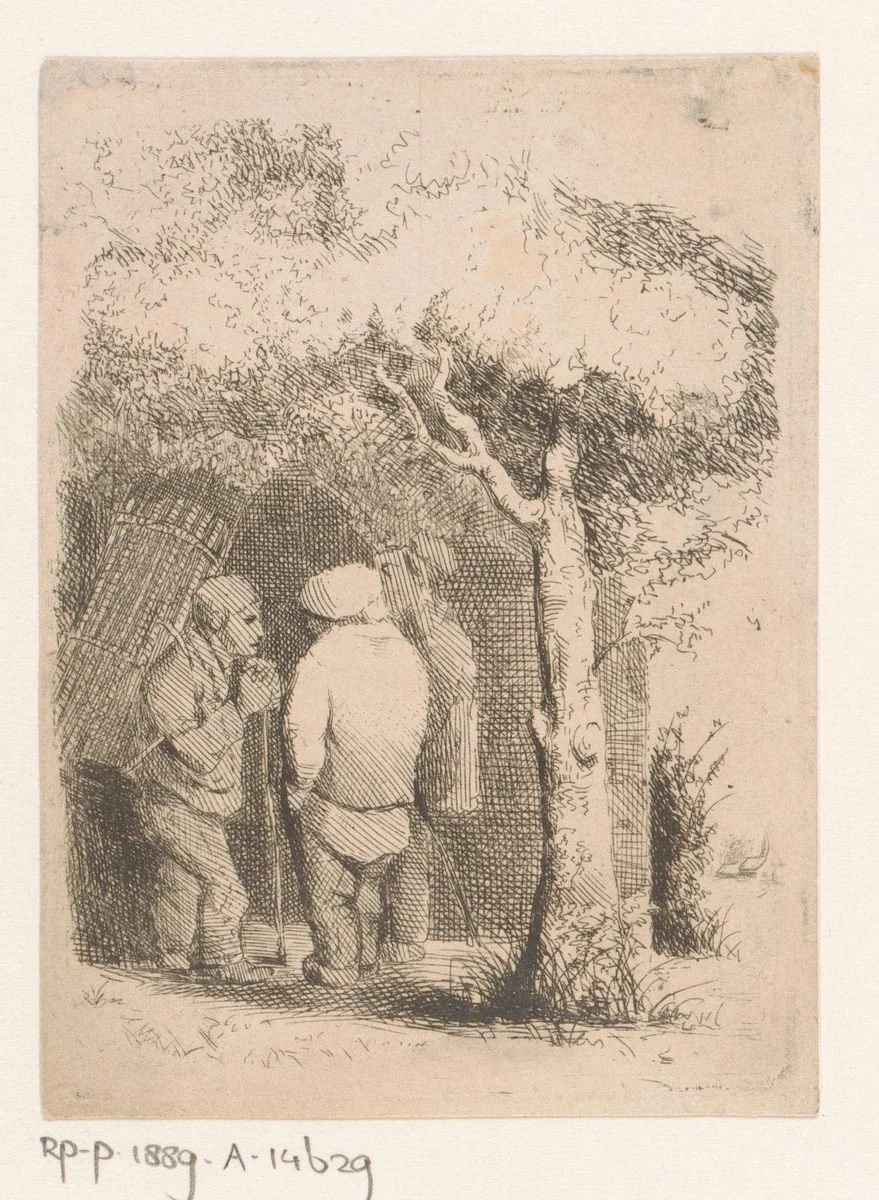 Drie mannen in gesprek by Willem Linnig, print, 1829-1885