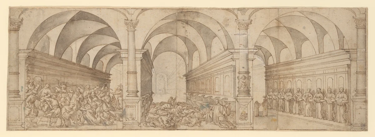 Three Scenes of the Assassination of Clerics by Augustin Braun, drawing, 1585-1639