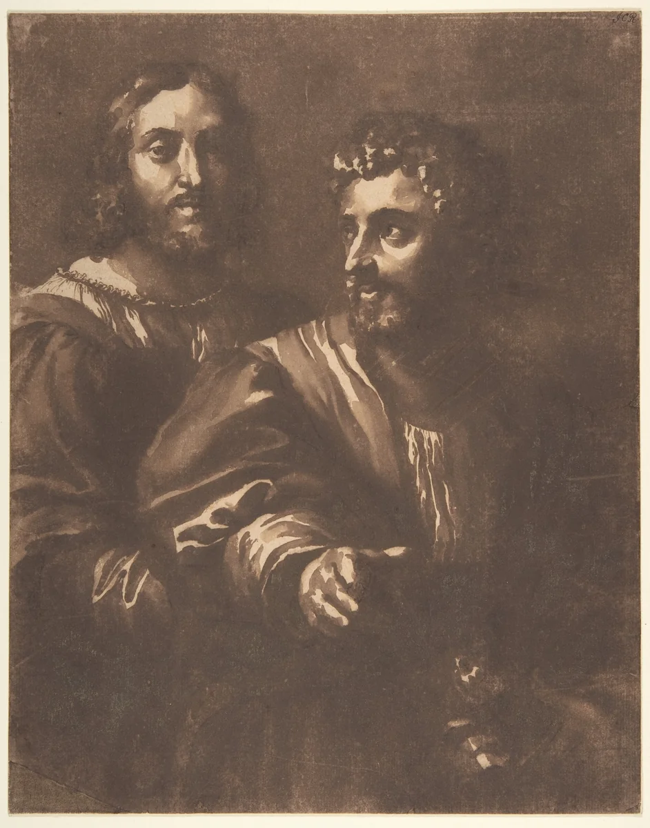 Portrait of Two Men (after Raphael) by Jan de Bisschop, drawing, 1648-1671