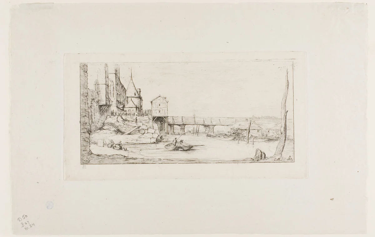 The Footbridge Temporarily Replacing the Pont-au-Change, Paris, After the Fire of 1621 by Charles Meryon, print, 1860