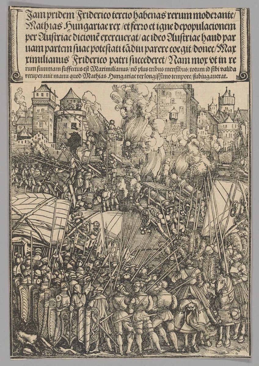 Expulsion of the Hungarians, plate 13 from Historical Scenes from the Life of Emperor Maximilian I from the Triumphal Arch by Hans Springinklee, print, 1515-1517
