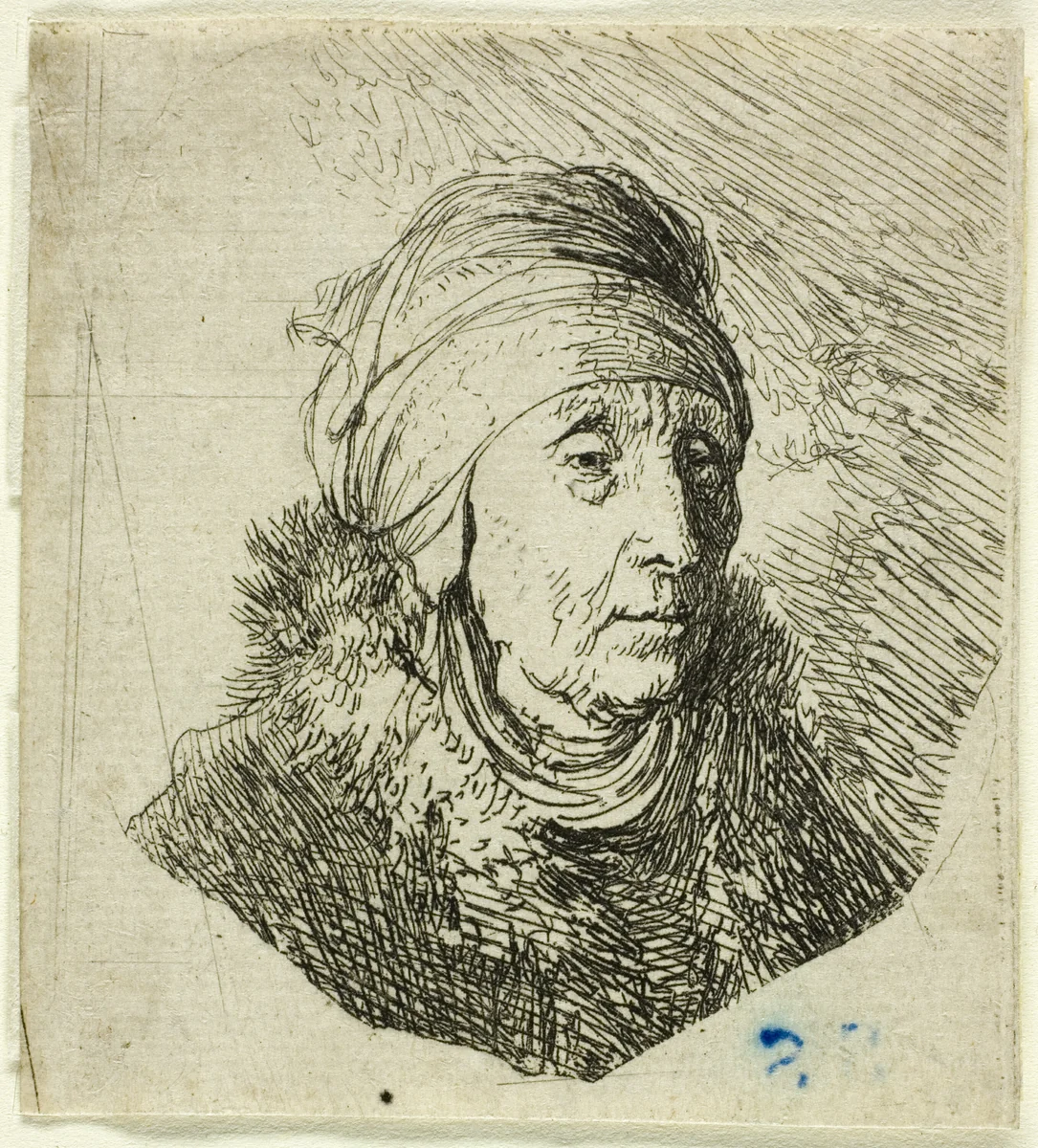 Woman with a High Headdress Wrapped Around the Chin: Bust by Rembrandt van Rijn, print, 1625-1635