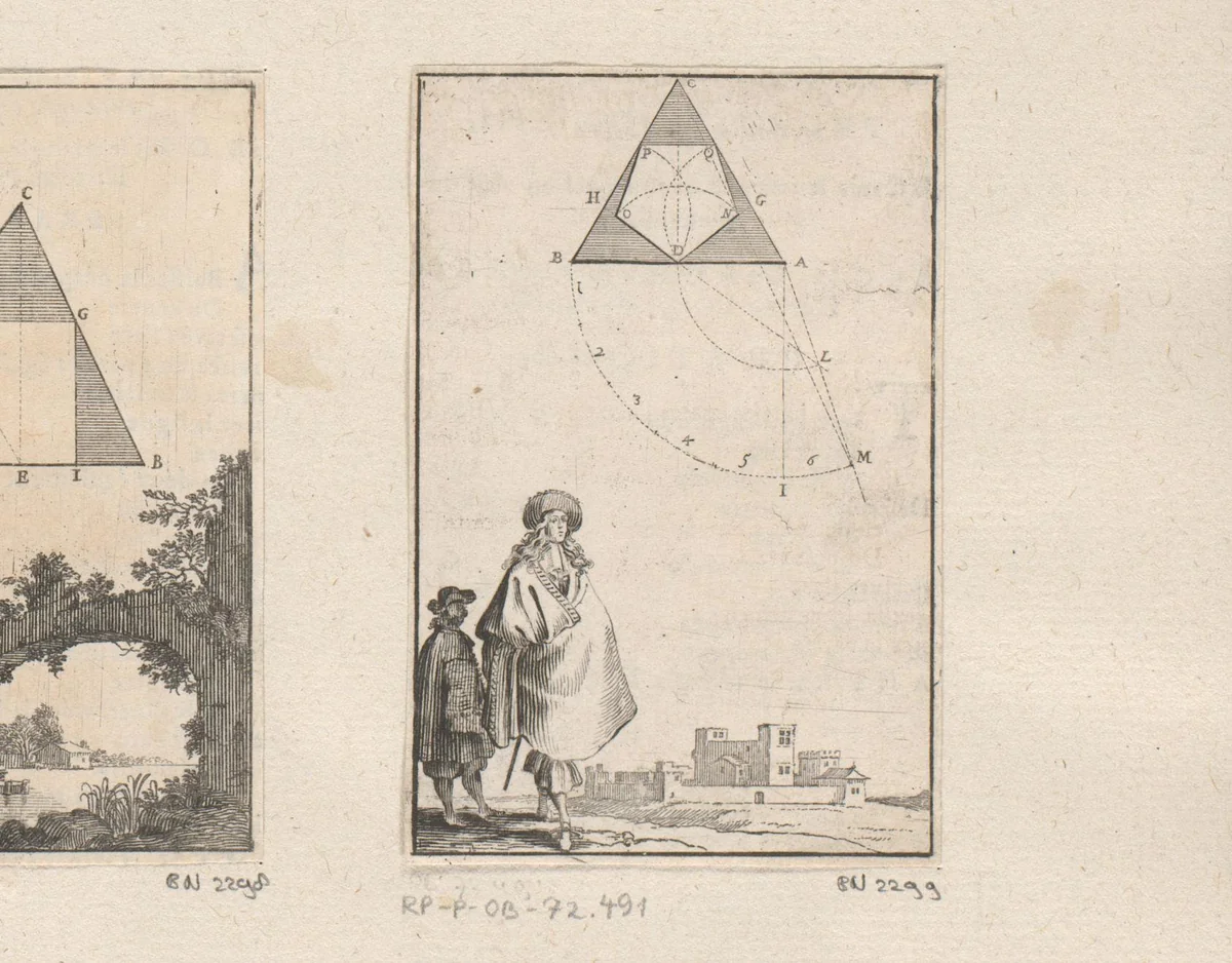 Constructie van een gelijkbenige vijfhoek in een driehoek met onderaan twee mannen by Sébastien Leclerc, print, 1669