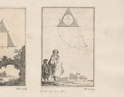 Constructie van een gelijkbenige vijfhoek in een driehoek met onderaan twee mannen by Sébastien Leclerc, print, 1669