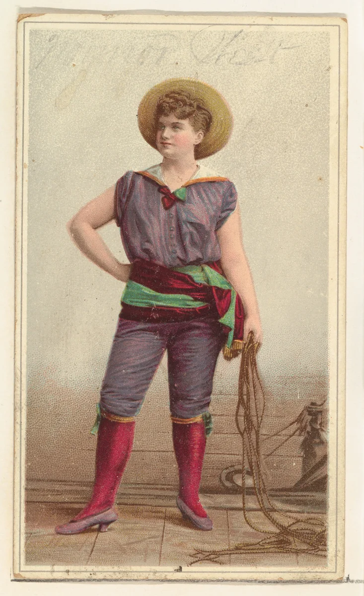 Actress wearing costume with wide sash and holding long rope, from Stars of the Stage, Second Series (N130) issued by Duke Sons & Co. to promote Honest Long Cut Tobacco by W. Duke, Sons & Co., print, 1891