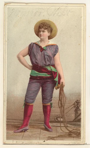 Actress wearing costume with wide sash and holding long rope, from Stars of the Stage, Second Series (N130) issued by Duke Sons & Co. to promote Honest Long Cut Tobacco by W. Duke, Sons & Co., print, 1891