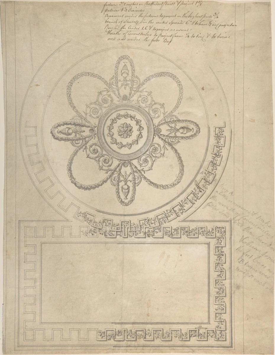 Design for a Ceiling, Ampthill Park, Bedfordshire (Half plan) by Sir William Chambers, drawing, 1764-1774