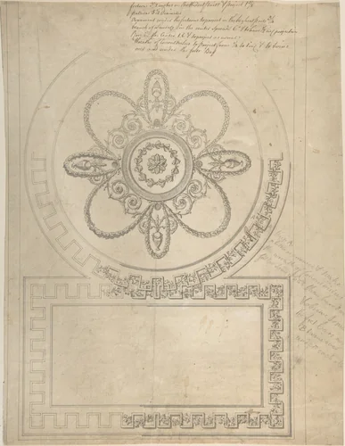 Design for a Ceiling, Ampthill Park, Bedfordshire (Half plan) by Sir William Chambers, drawing, 1764-1774