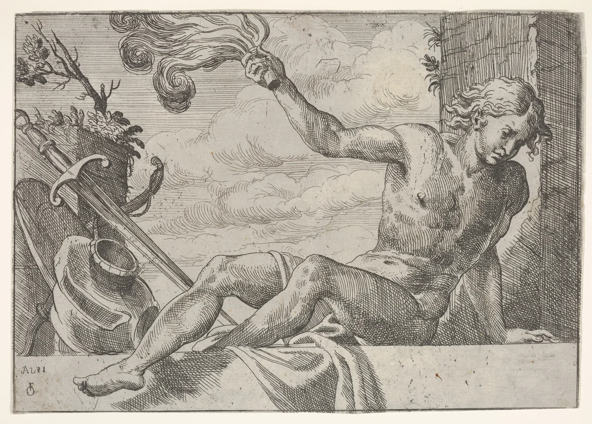 Mars, seated on a wall and holding a flame in his right hand, with armor below by Odoardo Fialetti, print, 1600-1630