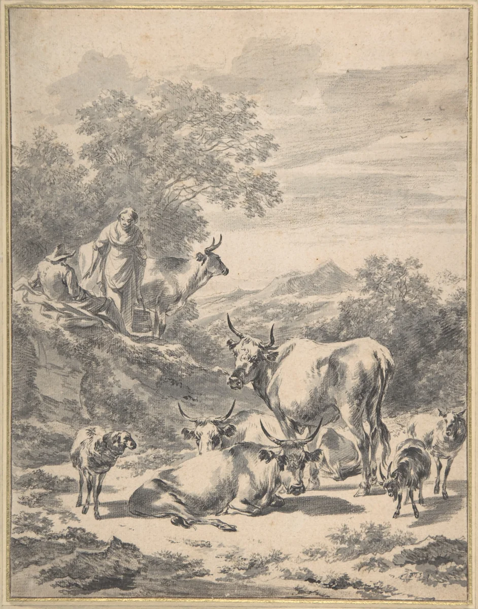 Herdsmen with Cattle and Sheep in Italianate Landscape by Nicolaes Berchem, drawing, 1635-1683