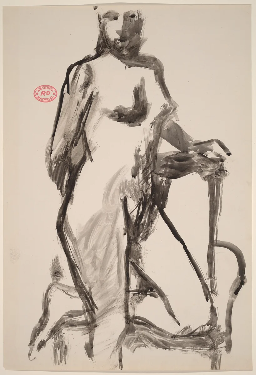 Untitled [standing nude resting her knee on a chair seat] [recto] by Richard Diebenkorn, drawing, 1955-1967