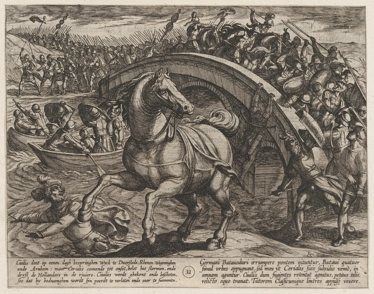 Plate 31: Civilis Forced to Dismount and Swim Across the River, from The War of the Romans Against the Batavians (Romanorvm et Batavorvm societas) by Antonio Tempesta, print, 1611-1612
