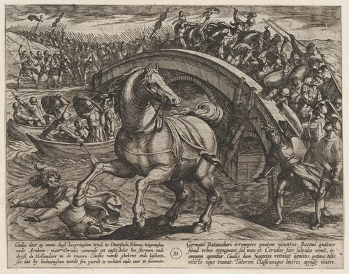 Plate 31: Civilis Forced to Dismount and Swim Across the River, from The War of the Romans Against the Batavians (Romanorvm et Batavorvm societas) by Antonio Tempesta, print, 1611-1612