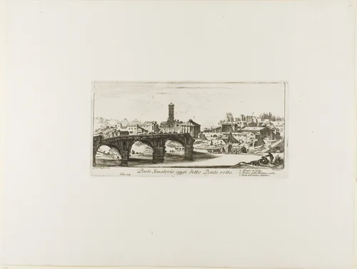 Senatorial Bridge, Today called the Ponte Rotto [Broken Bridge]. 1. Temple of Vesta. 2. Temple of Fortuna Virilis. 3. Part of the ancient Palatine, plate 14 from Some Views of Triumphal Arches and other Monuments by Giovanni Battista Piranesi, print, 1748