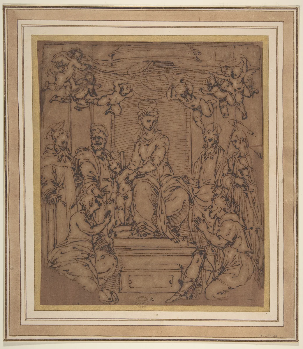 Virgin and Child Enthroned with Saint Anthony Abbot, Saint Peter, Saint Paul, Saint Julian the Hospitaler, Saint Roch, and Saint Mary Magdalen? by Perino del Vaga, drawing, 1522-1523