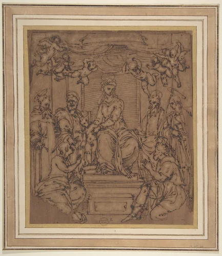 Virgin and Child Enthroned with Saint Anthony Abbot, Saint Peter, Saint Paul, Saint Julian the Hospitaler, Saint Roch, and Saint Mary Magdalen? by Perino del Vaga, drawing, 1522-1523