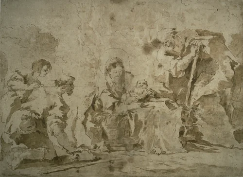 Adoration of the Shepherds (recto); Three Sketches: Buildings by Canal with Boats, Landscape with Buldings on Hillside, Buildings with Portico (verso) by Francesco Guardi, drawing, 1755-1770