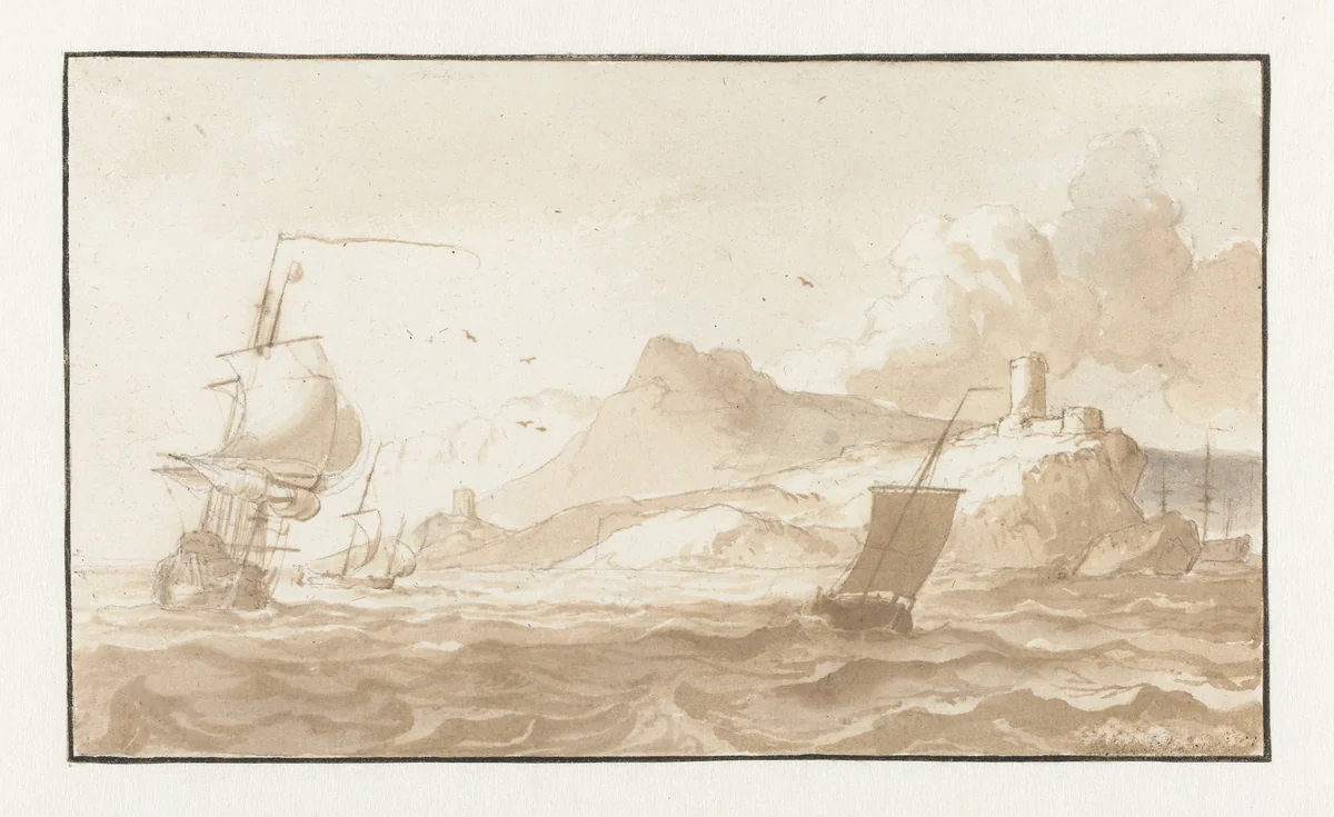 Schepen voor een rotsachtige kust by Ludolf Bakhuysen, drawing, 1641-1708