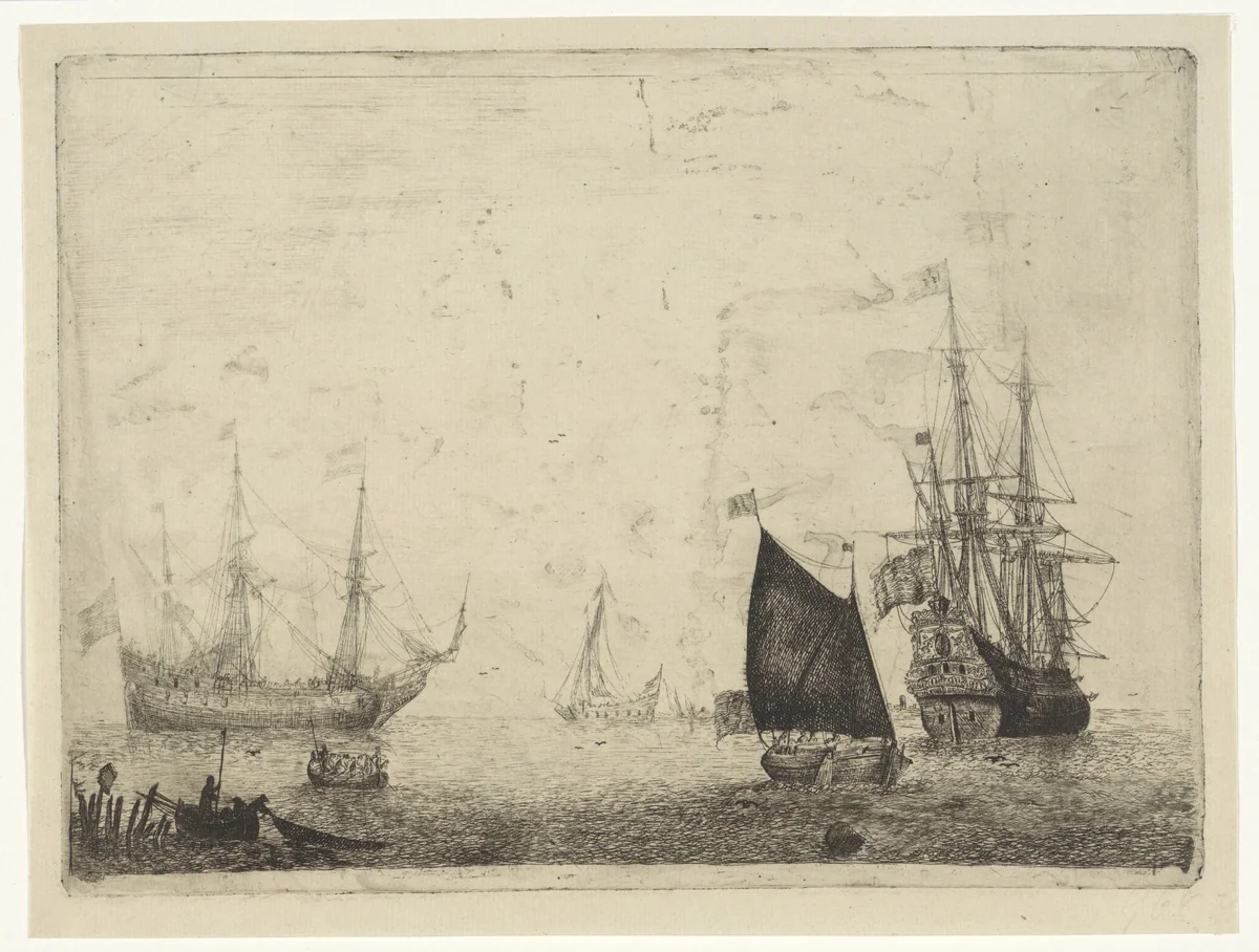 Zeegezicht met twee driemasters met gestreken zeilen by Adam Silo, print, 1689-1760